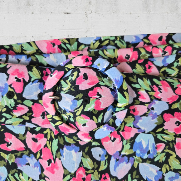 Zara Black Pink Pastel Floral Belted High Waisted Cottage Mini Skirt Size Small - Picture 3 of 8